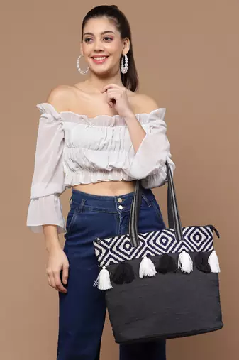 kooky black & white boho jacquard handloom cotton canvas tote bag