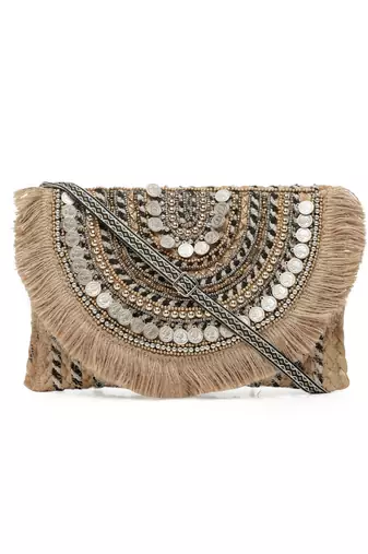 sisal baked beige & multi embellished jute sling bag
