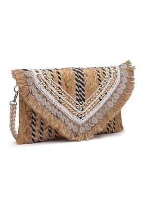 sisal baked beige & multi embellished jute sling bag 4