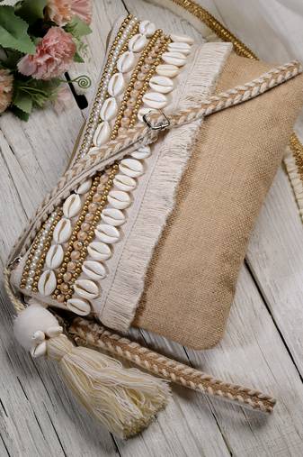 sisal baked beige & white embellished jute sling bag