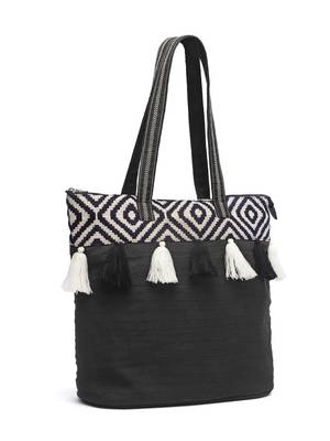 kooky black & white boho jacquard handloom cotton canvas tote bag 3