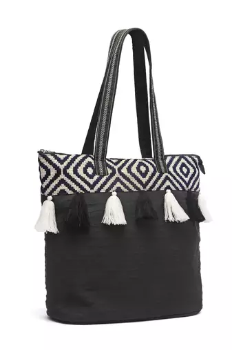 kooky black & white boho jacquard handloom cotton canvas tote bag