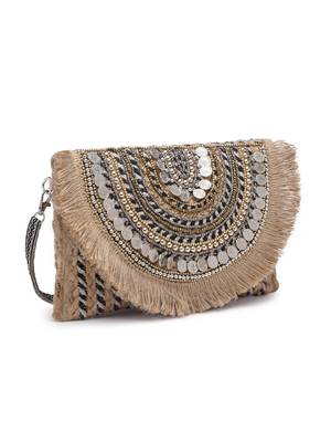 sisal baked beige & multi embellished jute sling bag 5