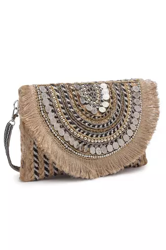 sisal baked beige & multi embellished jute sling bag