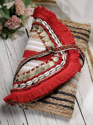 Anekaant sisal baked beige & red embellished jute sling bag 1