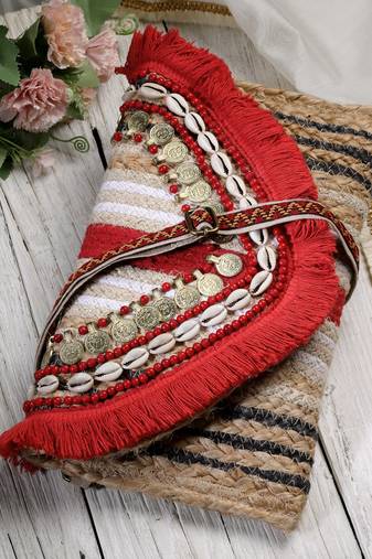 Anekaant sisal baked beige & red embellished jute sling bag