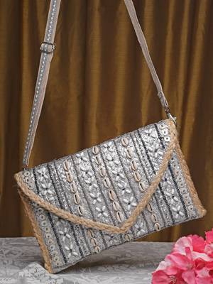 sisal silver & baked beige striped & embellished jute sling bag 1