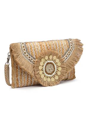 sisal baked beige & multi embellished jute sling bag 5