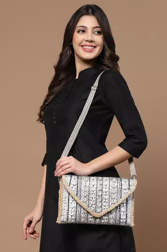 sisal silver & baked beige striped & embellished jute sling bag