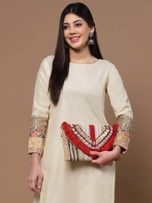 Anekaant sisal baked beige & red embellished jute sling bag 2