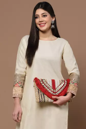 Anekaant sisal baked beige & red embellished jute sling bag