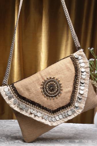 sisal baked beige & copper embellished jute sling bag