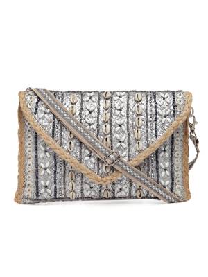 sisal silver & baked beige striped & embellished jute sling bag 3