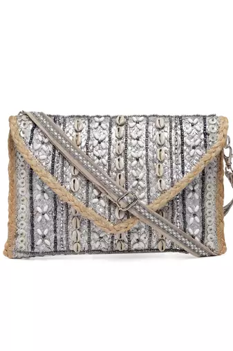 sisal silver & baked beige striped & embellished jute sling bag