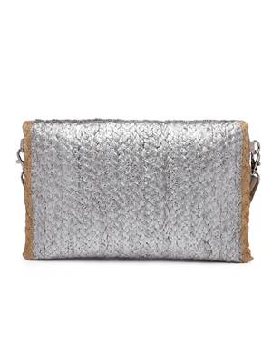 sisal silver & baked beige striped & embellished jute sling bag 4