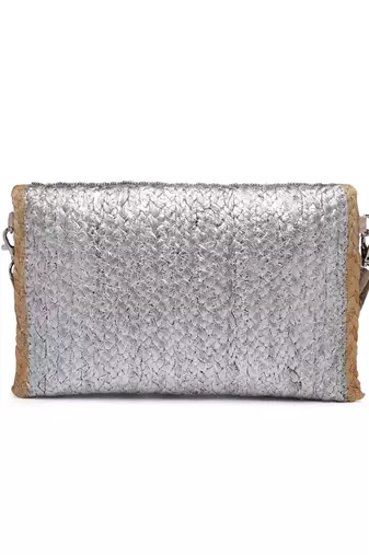 sisal silver & baked beige striped & embellished jute sling bag