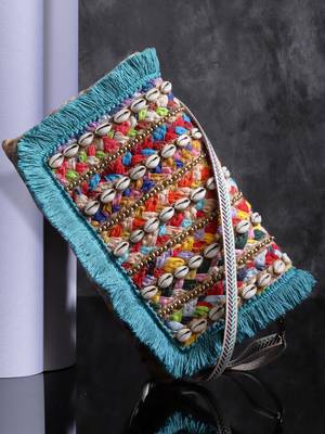 sisal baked beige, turquoise blue & multi striped & embellished jute sling bag 1