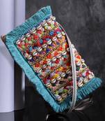 sisal baked beige, turquoise blue & multi striped & embellished jute sling bag