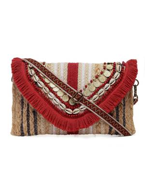 Anekaant sisal baked beige & red embellished jute sling bag 3