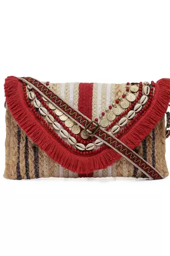 Anekaant sisal baked beige & red embellished jute sling bag