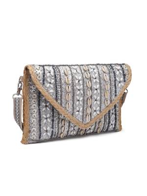 sisal silver & baked beige striped & embellished jute sling bag 5
