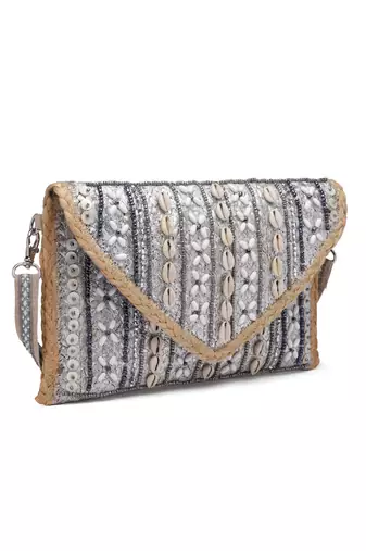 sisal silver & baked beige striped & embellished jute sling bag