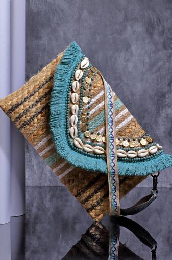 sisal baked beige & turquoise blue striped & embellished jute sling bag