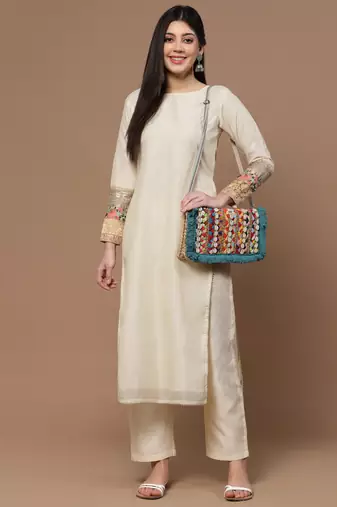 sisal baked beige, turquoise blue & multi striped & embellished jute sling bag
