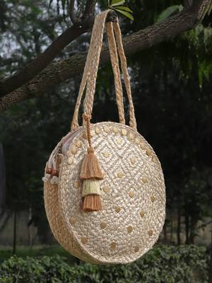 sisal baked beige & gold harlequin printed & embellished jute shoulder bag 1
