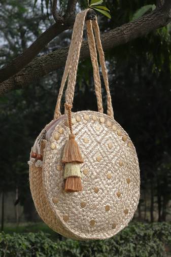 sisal baked beige & gold harlequin printed & embellished jute shoulder bag