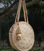 sisal baked beige & gold harlequin printed & embellished jute shoulder bag