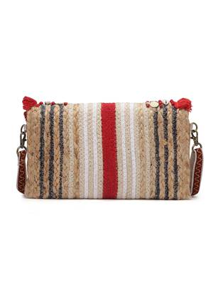 Anekaant sisal baked beige & red embellished jute sling bag 4