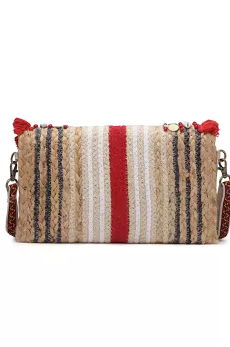 Anekaant sisal baked beige & red embellished jute sling bag