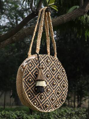 sisal baked beige & black harlequin printed & embellished jute shoulder bag 1