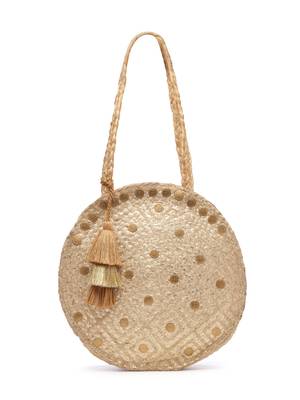 sisal baked beige & gold harlequin printed & embellished jute shoulder bag 3
