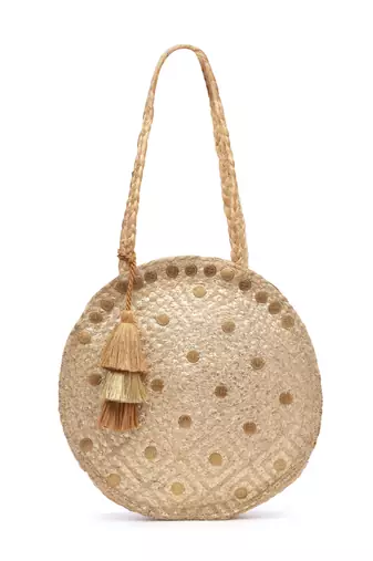 sisal baked beige & gold harlequin printed & embellished jute shoulder bag