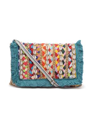 sisal baked beige, turquoise blue & multi striped & embellished jute sling bag 3