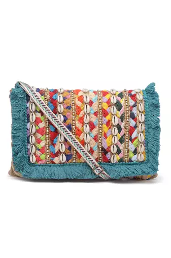 sisal baked beige, turquoise blue & multi striped & embellished jute sling bag