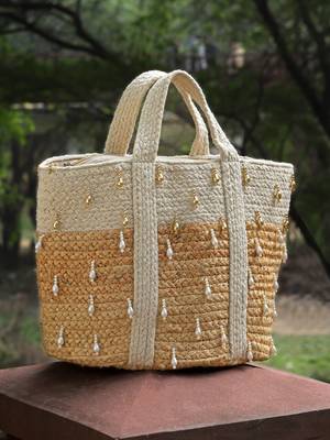 sisal baked beige & white colourblocked & embellished jute handheld bag 1