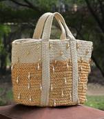 sisal baked beige & white colourblocked & embellished jute handheld bag