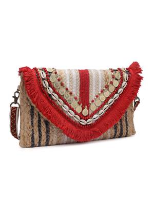 Anekaant sisal baked beige & red embellished jute sling bag 5
