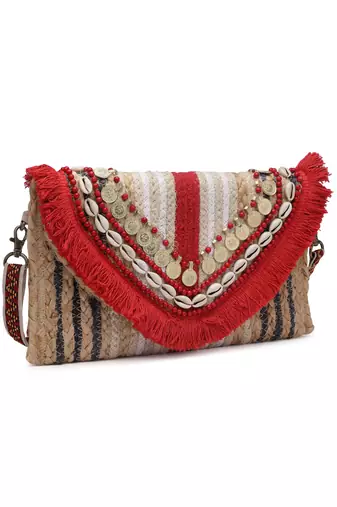 Anekaant sisal baked beige & red embellished jute sling bag