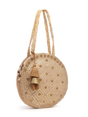 sisal baked beige & gold harlequin printed & embellished jute shoulder bag 5