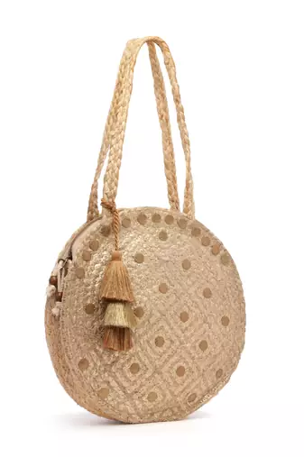 sisal baked beige & gold harlequin printed & embellished jute shoulder bag