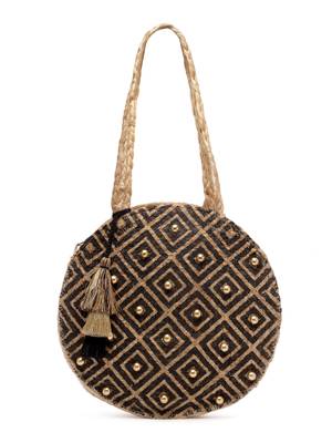 sisal baked beige & black harlequin printed & embellished jute shoulder bag 3