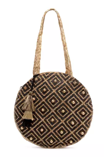 sisal baked beige & black harlequin printed & embellished jute shoulder bag