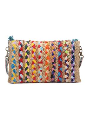 sisal baked beige, turquoise blue & multi striped & embellished jute sling bag 4