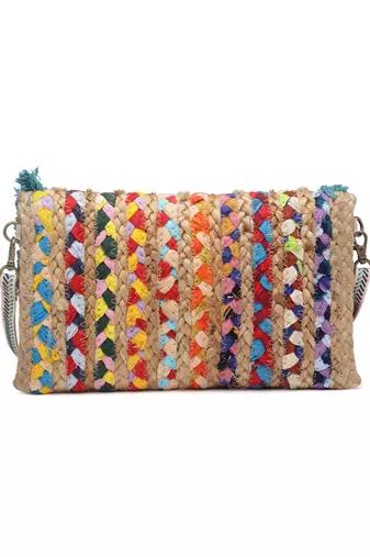 sisal baked beige, turquoise blue & multi striped & embellished jute sling bag