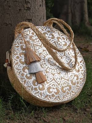 sisal baked beige & silver mandala printed jute tote bag 1