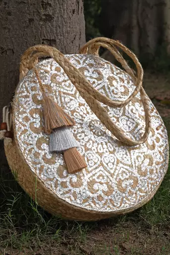 sisal baked beige & silver mandala printed jute tote bag